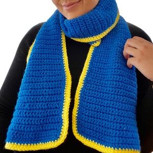 blue and yellow hand crocheted scarf